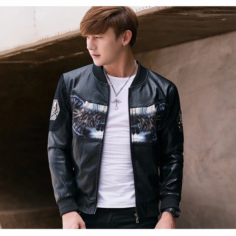 

Mens Printing stitching short PU Coat Famous Male warm waterproof Suede outerwear mans Black slim Leather Jacket plus size 5XL