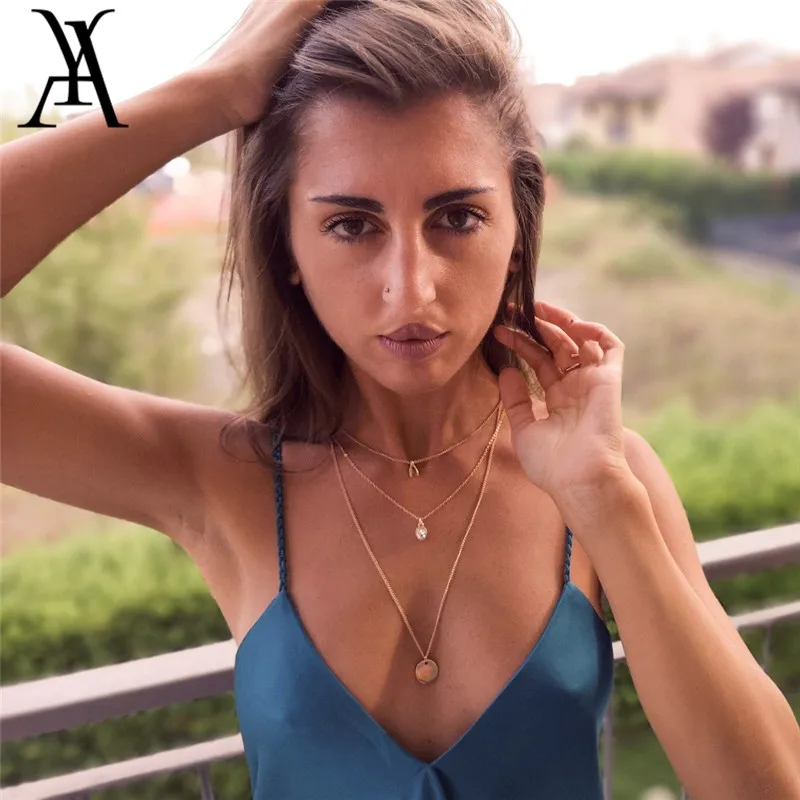 

Fashion Bohemian Coin Gold Color Long Chain Pendant&Necklace for Women Multi layer Water Drop Crystal Moon Statement Necklace