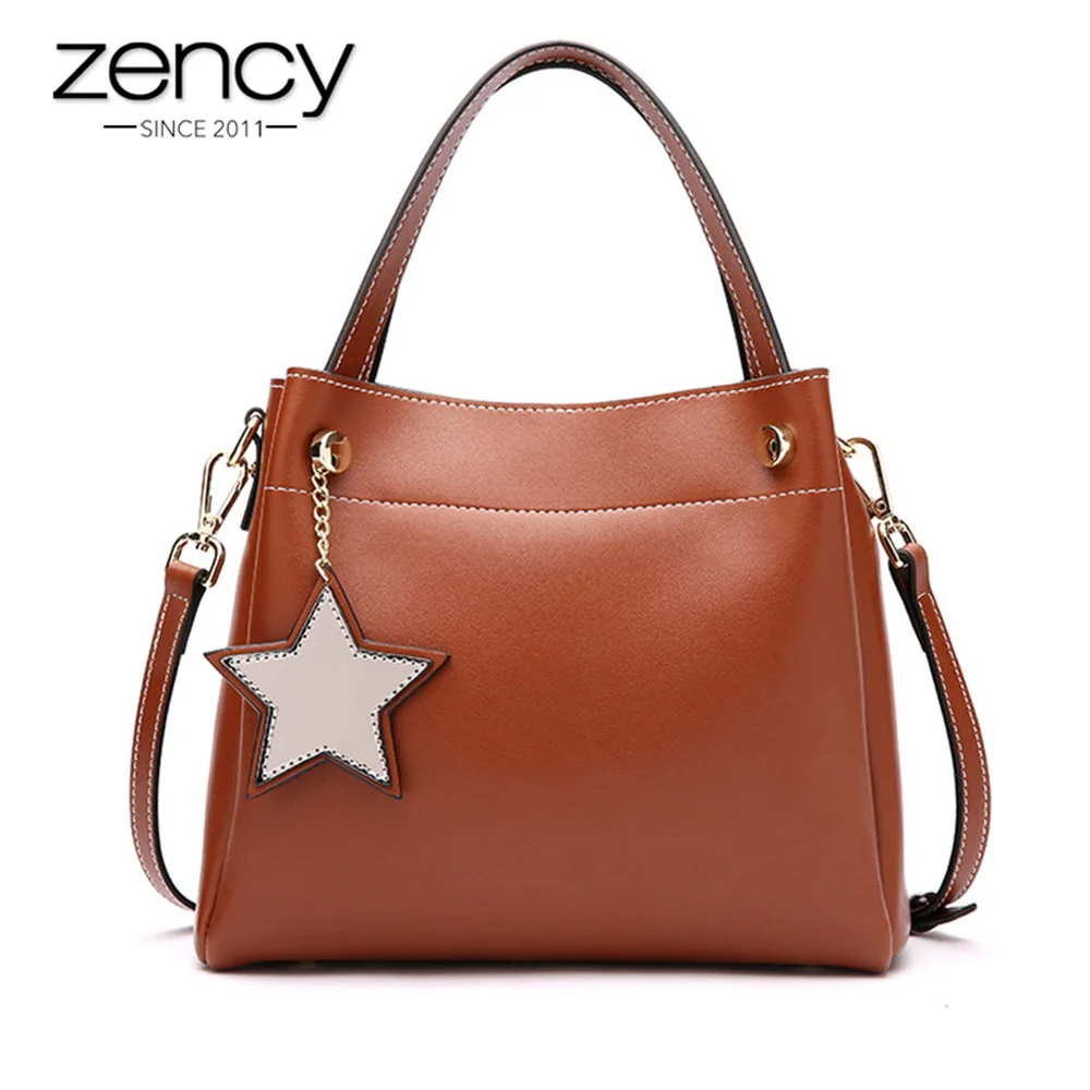 

Zency New Model Pentagram Women Shoulder Bag 100% Genuine Leather Brown Tote Handbag Bucket Bags Lady Crossbody Purse Black