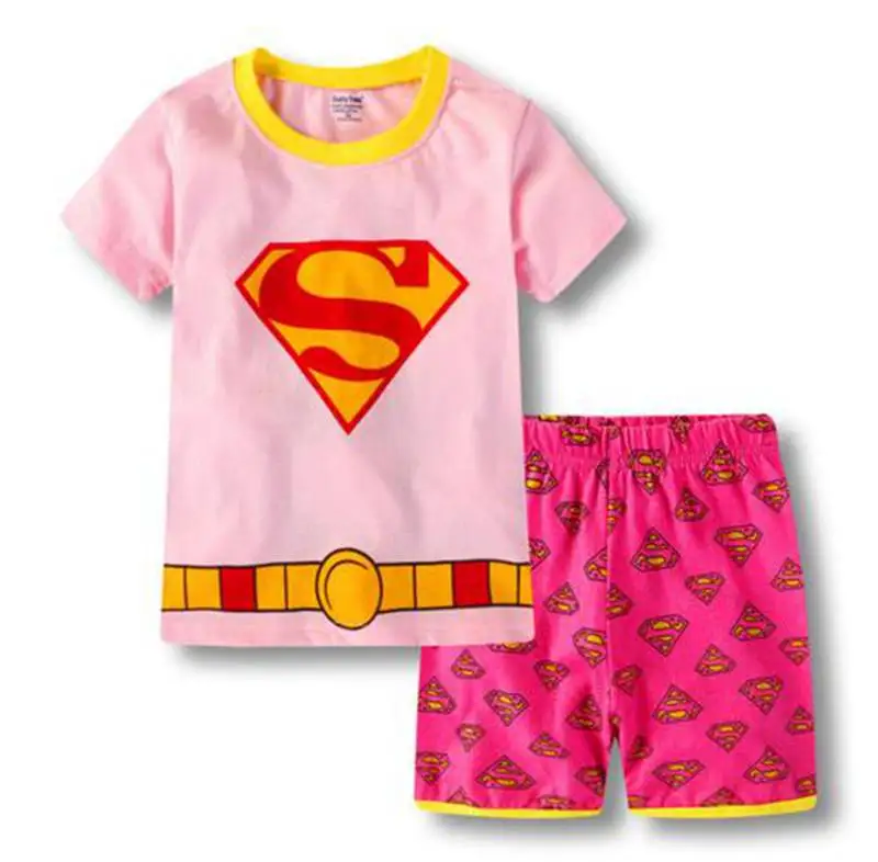 Летние комплекты детской одежды пижамы для мальчиков Комплекты одежды для сна для маленьких девочек хлопковые рубашки с короткими рукавами и шорты с героями мультфильмов - Цвет: at the pictures