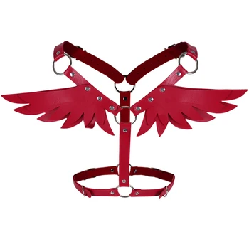

Leather Lingerie Wings Angle Crop Tops Red Strap Sexy Metal Rivet Punk Goth Dance Costume Cosplay Women Body Cage Harness Bra