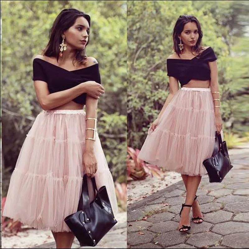 

Fashion Street Style Tulle Skirt Knee Length Elastic Waistline Short Tutu Skirts Adult High Quality Soft Tulle Skirt Saia Faldas