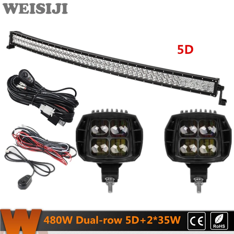 WEISIJI 480W Dual row 5D Curved LED Work Light Bar+2Pcs 35W High Beam