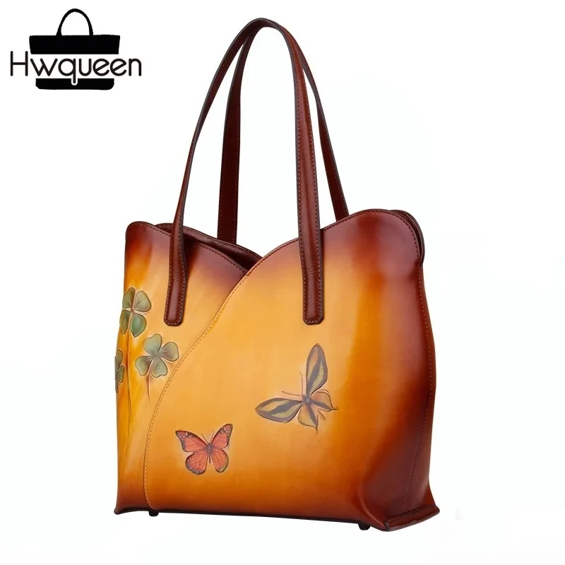 

Country Style Female Single Shoulder Bag Genuine Leather Embossed Woman Large Yellow Purse Cowhide Ladies Portable Totes Handbag