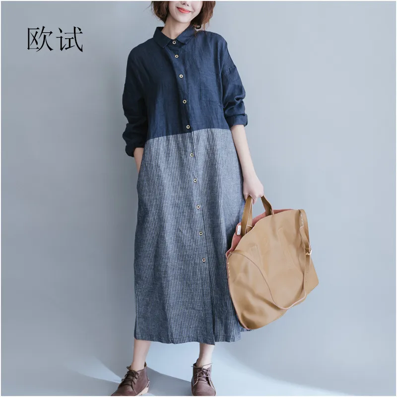 Женское платье рубашка с длинным рукавом в полоску|linen dress|cotton linen dressstriped shirt dress |