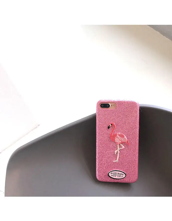 embroidery flamingo glitter sequins phone case for iPhone 6 6s 7 Plus (3)_