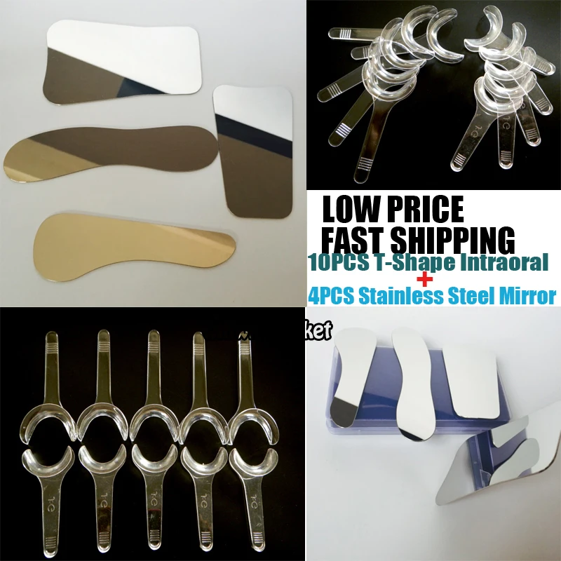 4PCS Dental oral Stainless steel Photographic Mirror Reflector +10PCS Retractor Mouth Cheek