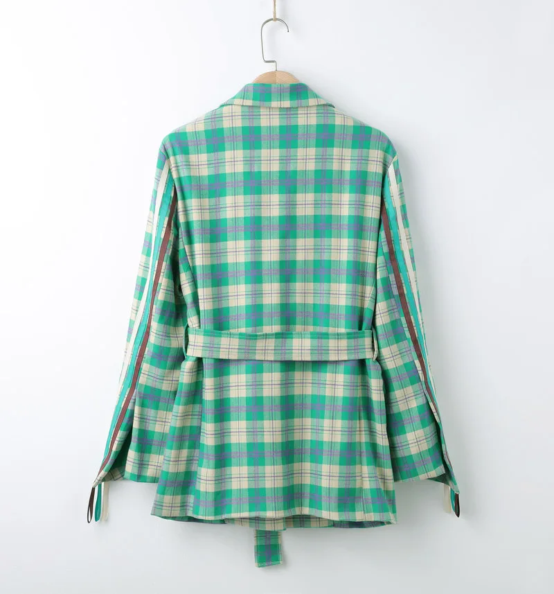 2019 New Spring Autumn Elegant Green Plaid Long blazer Jacket Women Vintage Long Sleeve With Sashes Female Casual Outerwear Tops 2019 New Spring Autumn Elegant Green Plaid Long blazer Jacket Women Vintage Long Sleeve With Sashes Female Casual Outerwear Tops