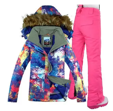 Водонепроницаемый Gsou снег лыжный костюм, двухслойная сноуборд Для женщин куртка для снежной погоды+ штаны теплая одежда ветрозащитный - Цвет: color1