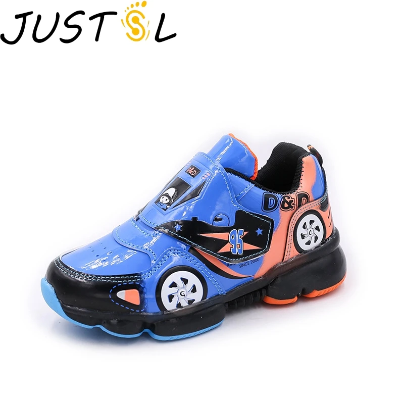 JUSTSL الخريف الأطفال ضوء الكرتون أحذية رياضية جديد الفتيان الفتيات LED متوهجة الأزياء رياضية سيارة أطفال نموذج أحذية حجم 24-33
