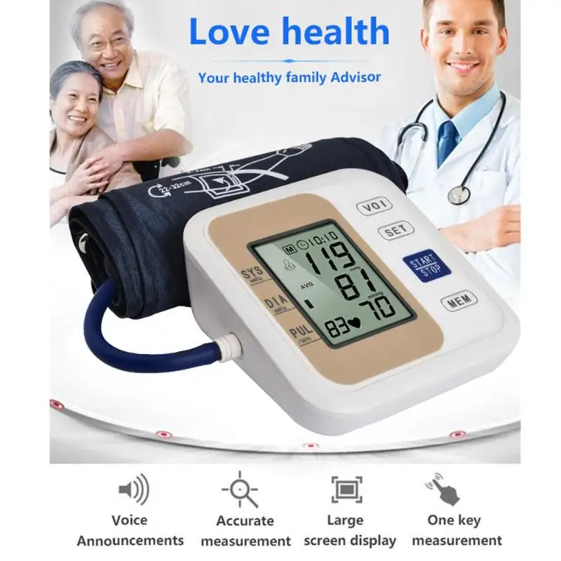 

Automatic Upper Arm Blood Pressure with Voice LCD Display Heart Beat Meter Sphygmomanometer Household Arm Blood Press Monitor