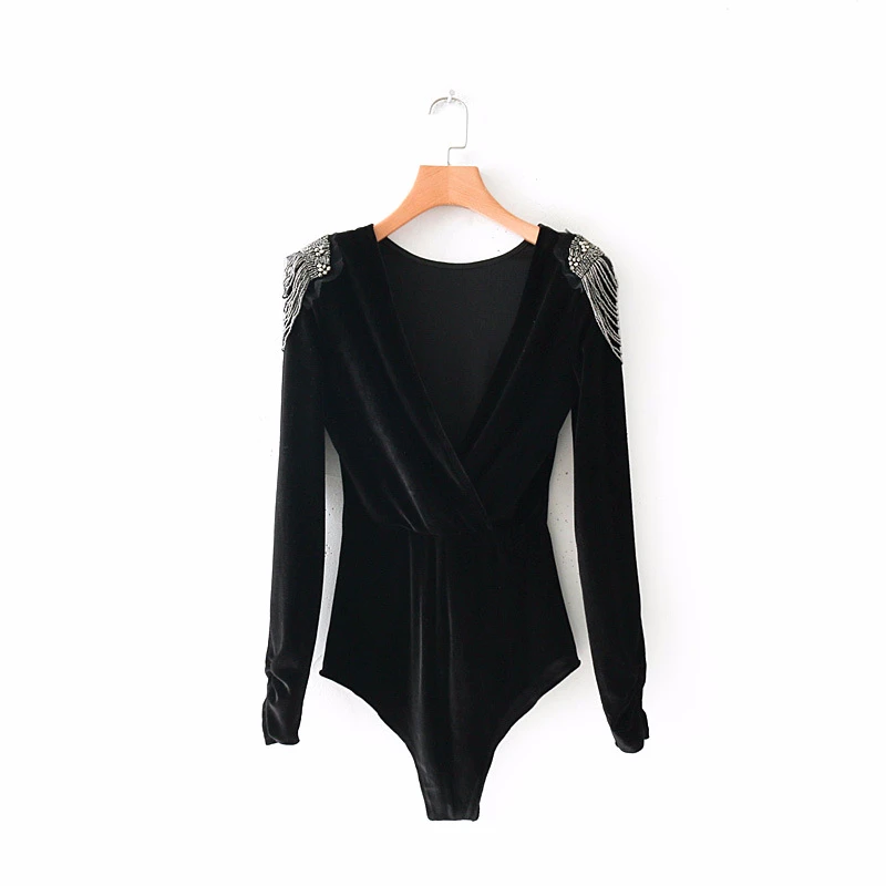 

Women Spring Summer Irregular Jumpsuit Long Sleeved Bodysuit V-Neck Sexy Bodycon Velvet Skinny Bodysuits Fashion New Rompers