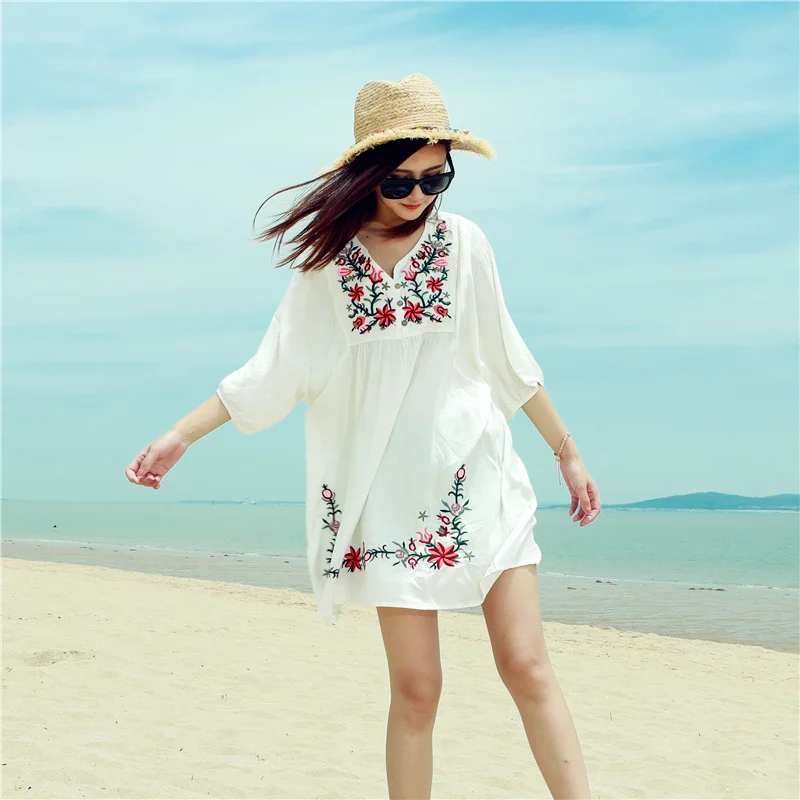 

Women vintage floral embroidery dress short sleeve Faldas festa casual brand loose retro dresses