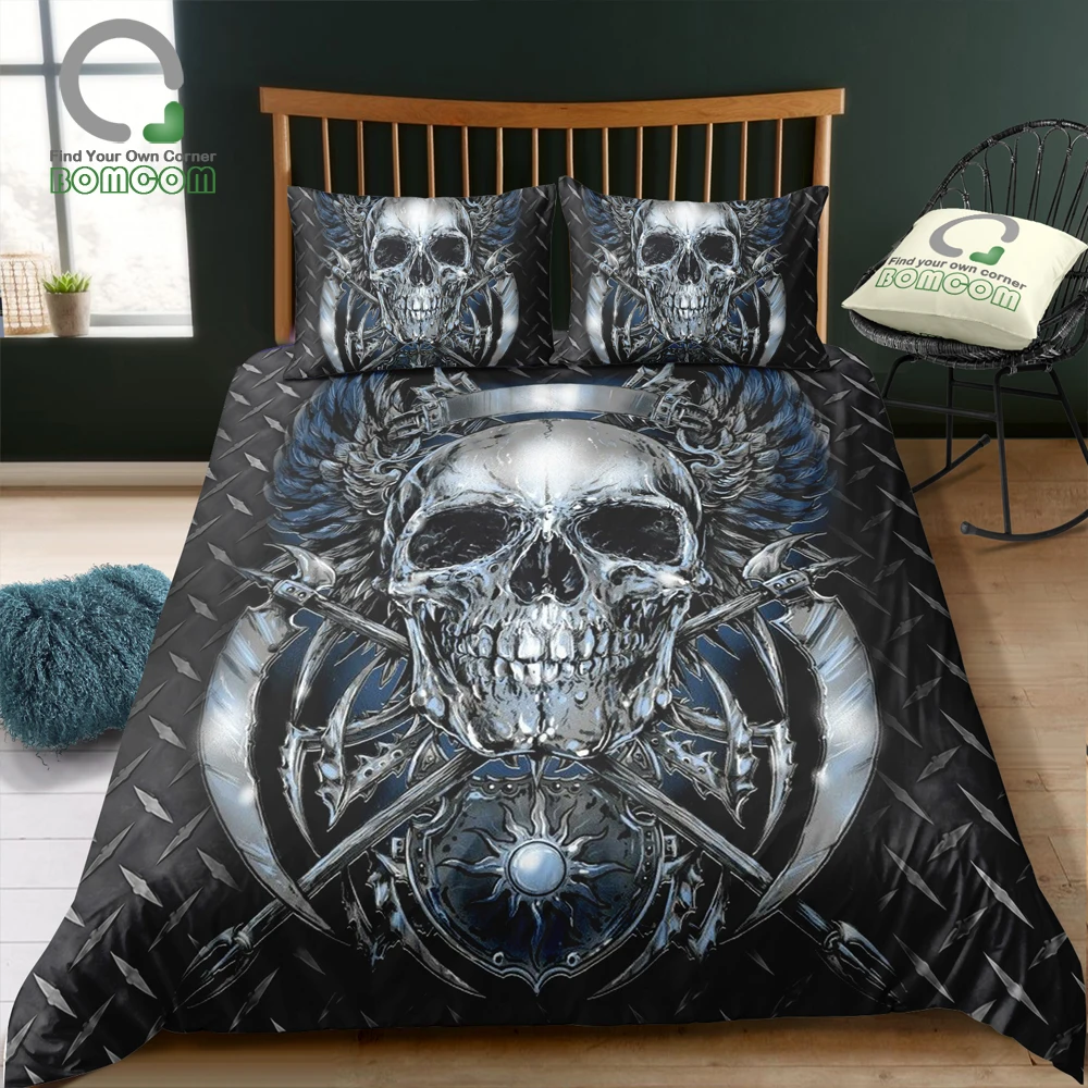 

BOMCOM 3D Digital Printing Duvet Cover Set Heavy Metal Inspired Skull Queen King Bedding Set 100% Microfiber Dark Blue