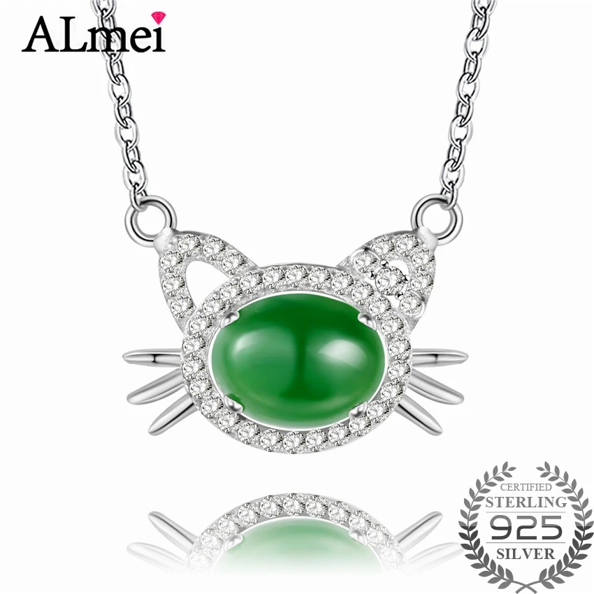 

Almei Lovely Cat Design Necklace Brilliant 2ct Green Jasper Rhinestone Animal Pet Charm Silver 925 Jewelry with Box 40% FN056