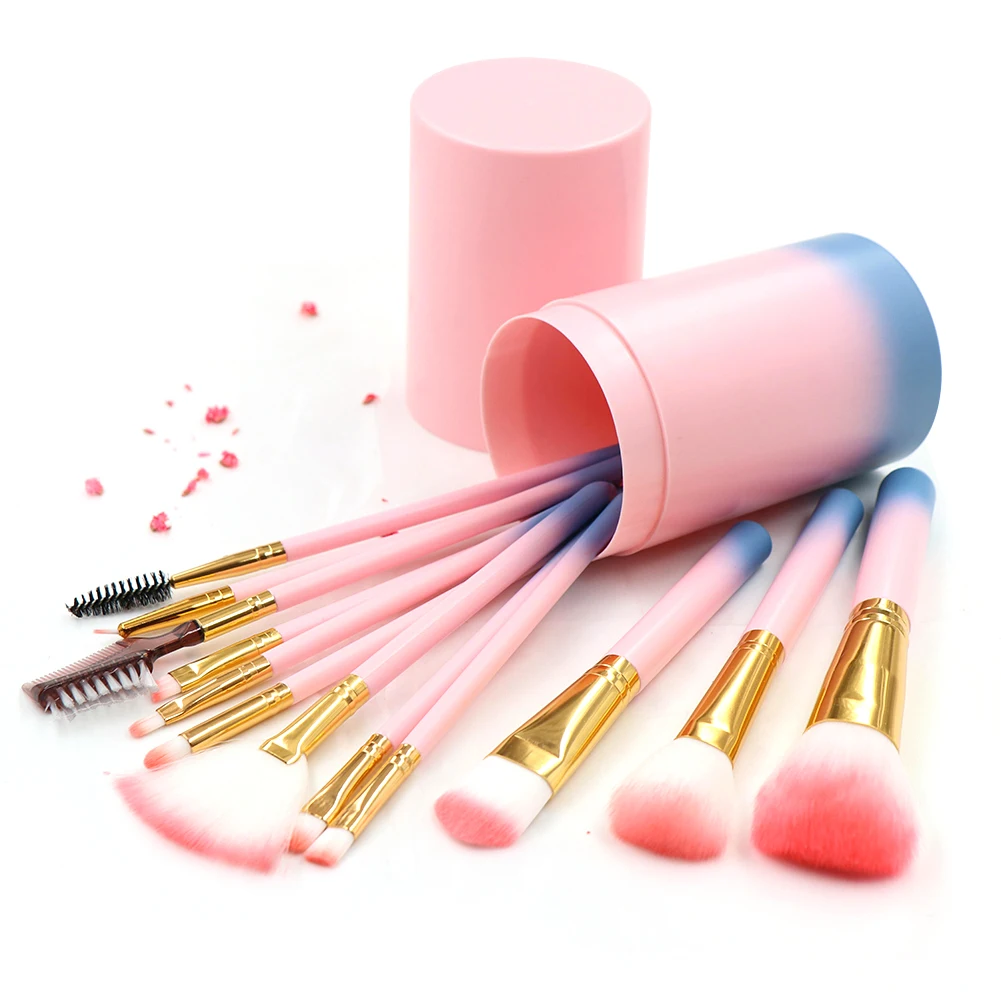 ELECOOL, 12 шт., профессиональные женские кисти для макияжа лица, Жидкая основа, пудра, кисть для бровей, макияж, инструмент с цилиндрической коробкой - Handle Color: Pink 1