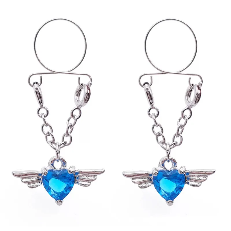 

Hot Sale Blue Heart Non pierced Clip On Nipple Ring Nipple Crystal Wing Dangle Fake Nipple Adjustable Sexy Women Body Jewelry