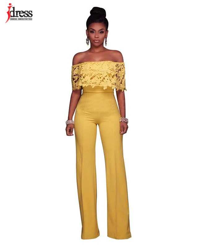 IDress Lace Crochet Rompers Women Jumpsuit Sexy Strapless Bodycon Jumpsuit Wide Leg Black White Yellow Long Pant Romper Overalls (1)