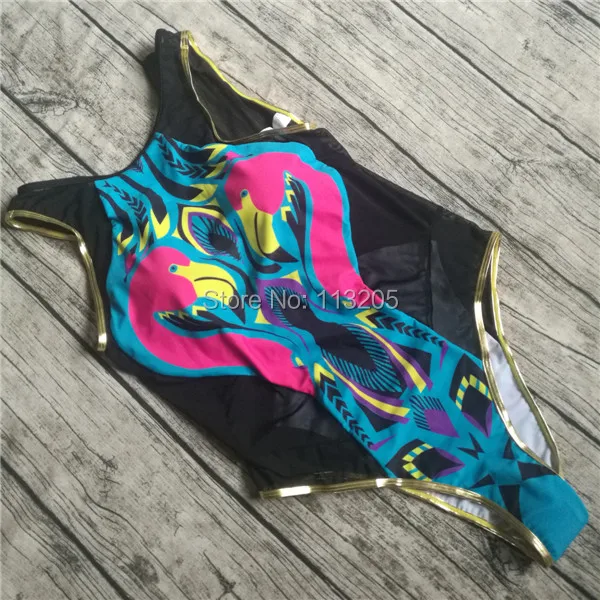 

2019 Spandex Digital Print Flamingo One-piece Swimsuit Pink/Blue Color Lady Monokini Retro High-cut Soft Mesh Design Swimwear
