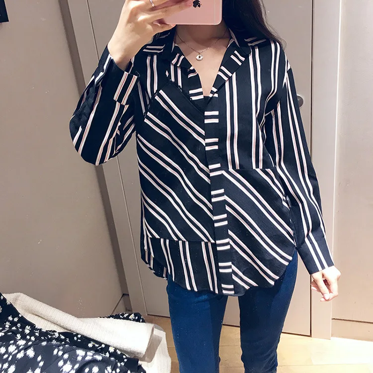 

Women shirt 2019 spring and summer casual stitching long-sleeved shirt