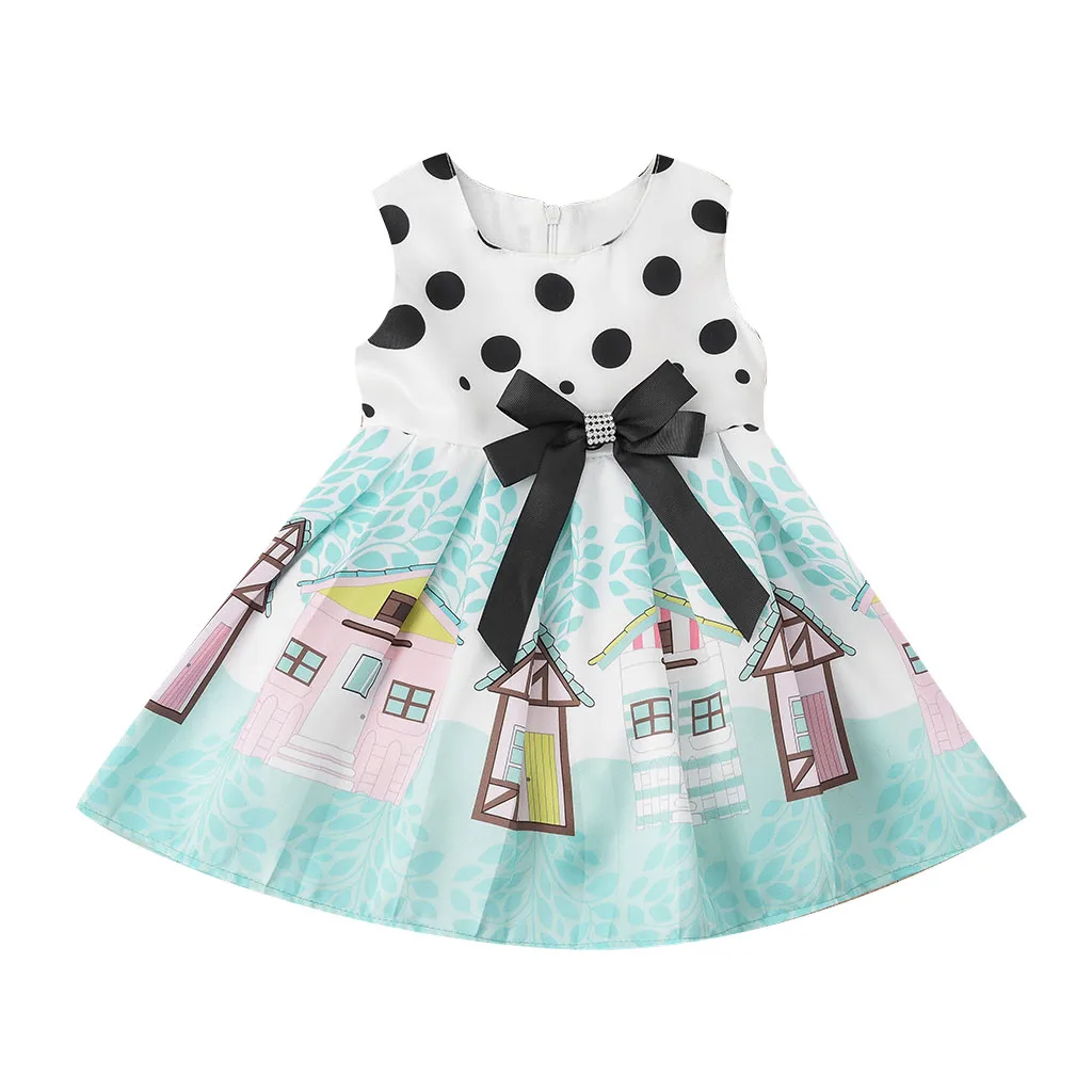 

Fashion sleeveless polka dot cute cartoon pastoral print princess dress Girls Princess Cartoon Print Tutu Dress Outfits Set F4