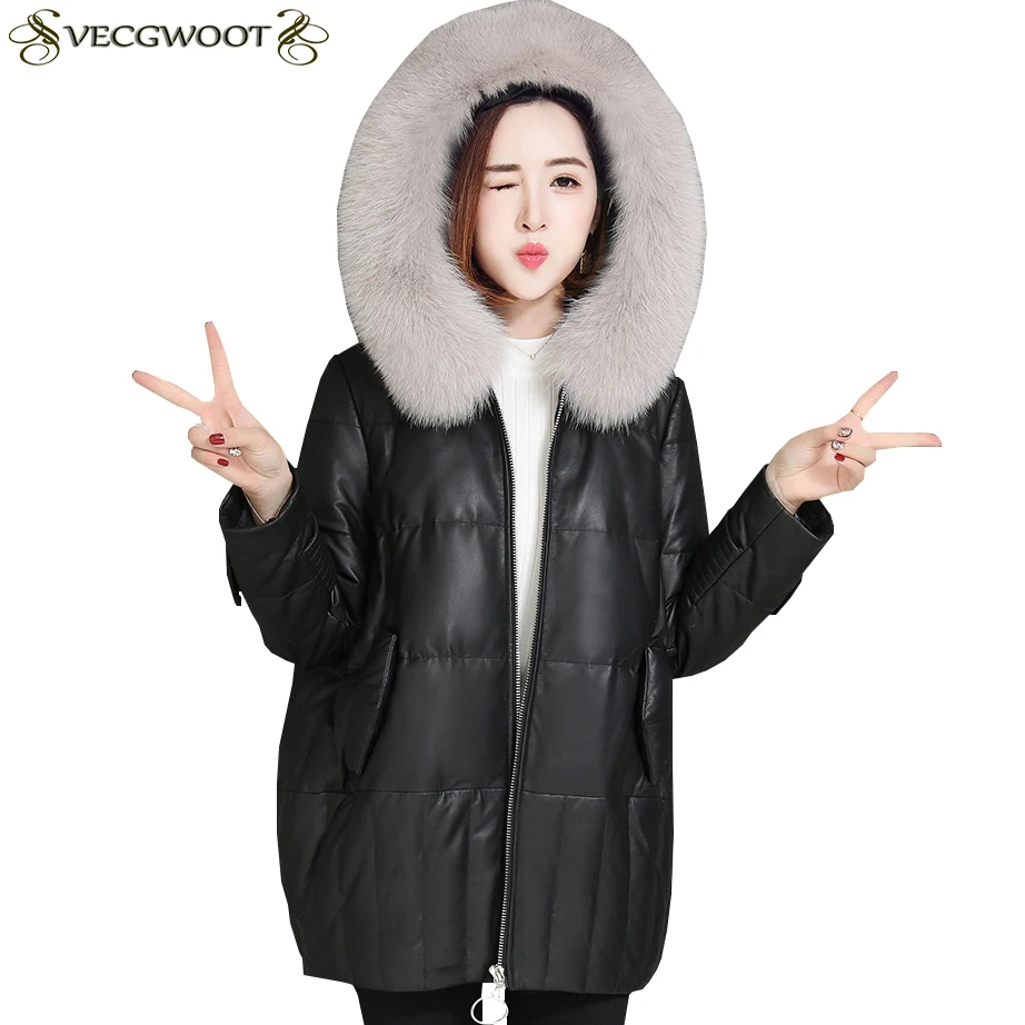 Winter New Fur collar Hooded Warm Genuine Leather Down jacket Women
