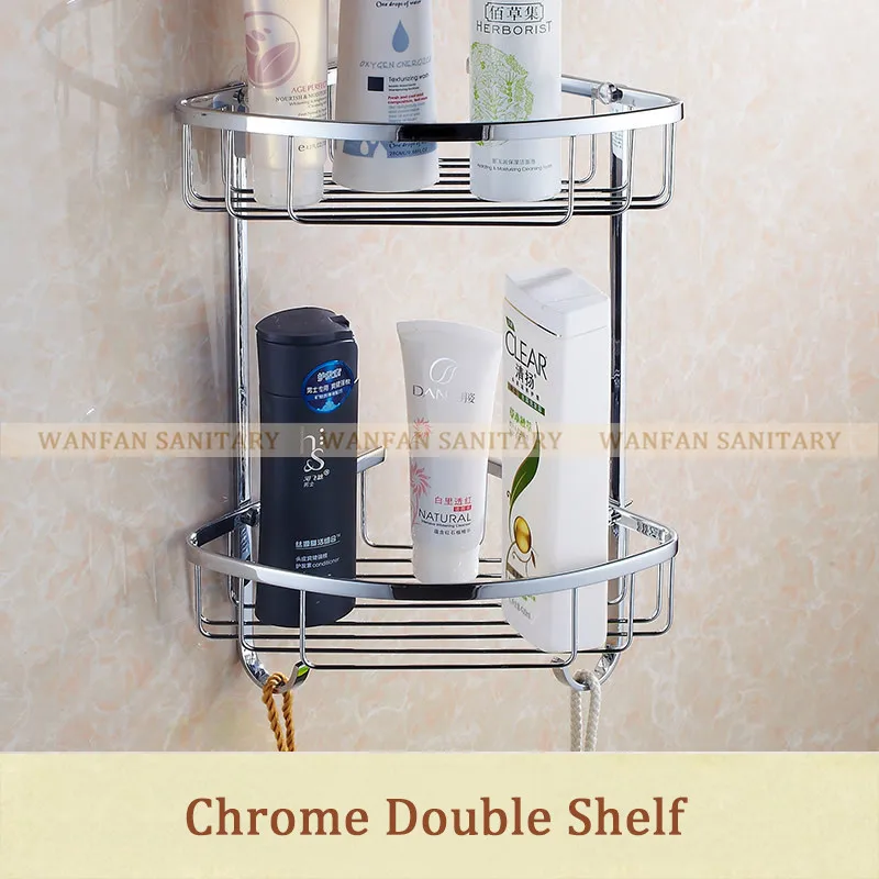 Полки для ванной комнаты, настенные, легкая установка, Золотая латунь, корзина для шампуня для ванной, гель для душа, Очищающий держатель для корзины, HJ-826 - Цвет: Chorme Double Shelf