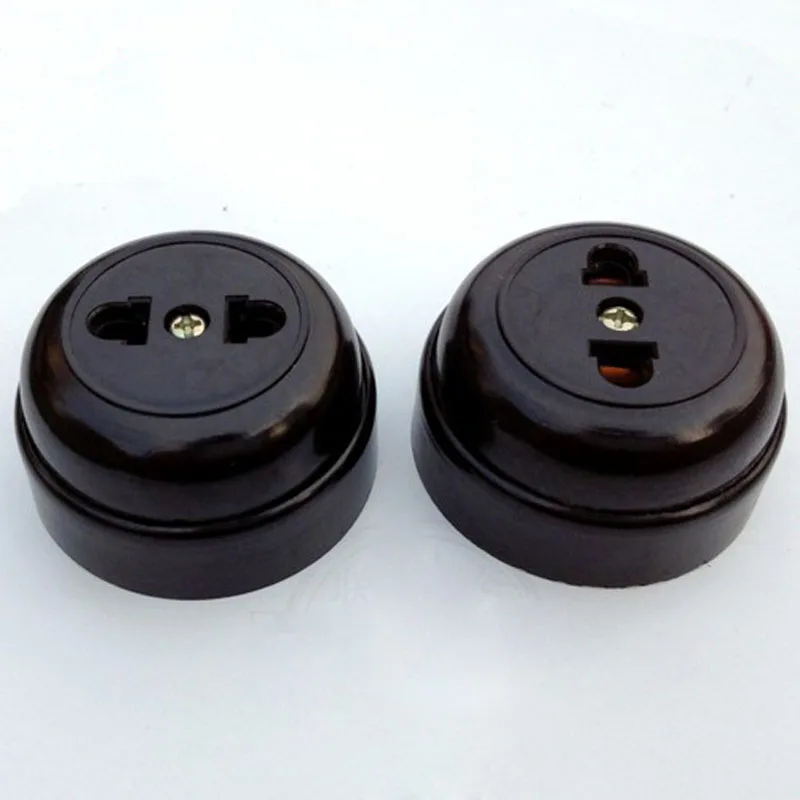 5pcs Retro Electrical Socket Round shaped Socket Two hole Socket Single Plug in Vintage Brown