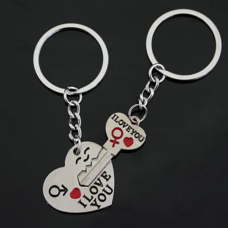 

10pairs/lot Fashion Jewelry Keychains Heart Key Couples I LOVE YOU Alloy Pendant Key Ring Car Keychain For Lovers Accessories