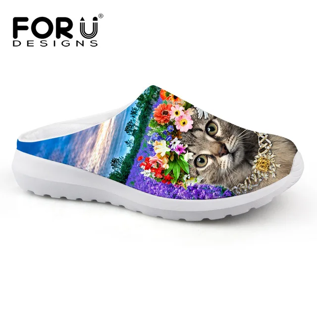 FORUDESIGNS Для женщин Летняя обувь милый кот печати сетки сандалии удобная женская обувь без застежки модные пляжные sandalia feminina