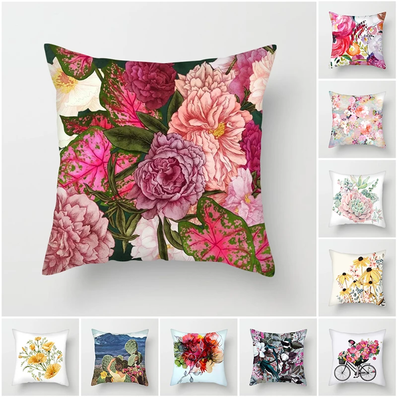 Fuwatacchi Floral Cushion Covers Pink Rose Cactus Pillow Covers for Home Sofa Chair Decorations Chrysanthemum Plush Pillowcases