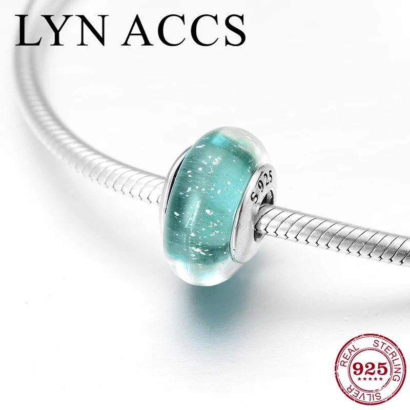

New 925 Sterling Silver Lake Green Bright silver wire Bubble fine Murano Glass Beads Fit Original Pandora Charm Bracelet Jewelry