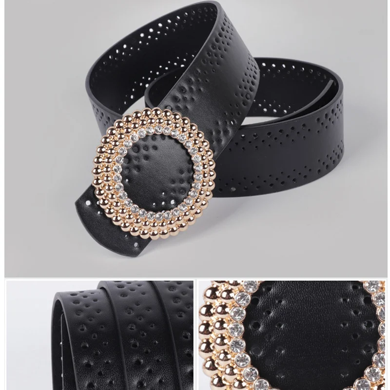 Vintage round buckle diamond hollow belt ladies decorative pin buckle girdle simple wild belt belts for women korean