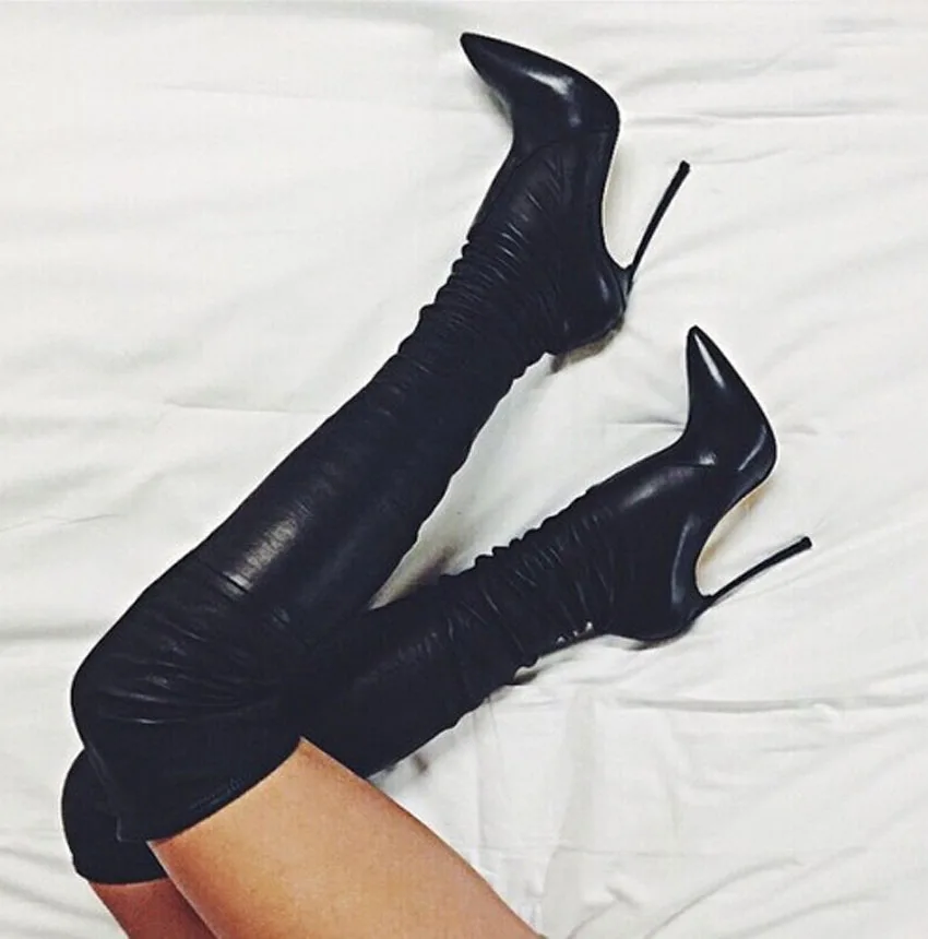 New Arrival Women Sexy Pointed Toe Black Leather Over Knee Long Boots Stretch Leather Thin High Woman Boots