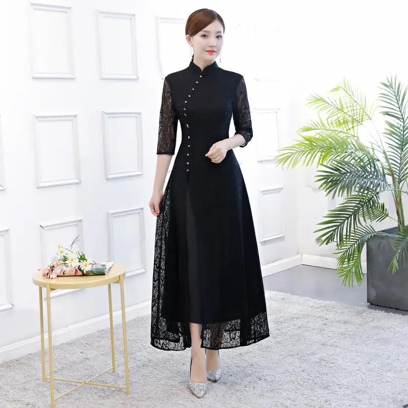Аозай длинный Cheongsam модное платье в китайском стиле весенние женские кружевные Qipao тонкие Вечерние платья женские пуговицы Vestido S-3XL - Цвет: Черный