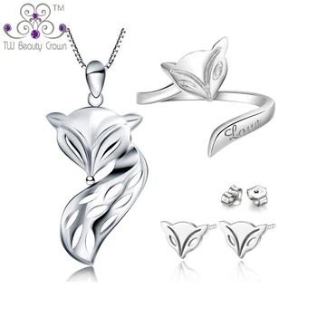 

Popular Solid 925 Sterling Silver Cute Fire Fox Animal Pendant Necklaces Earrings Ring Fashion Jewelry Sets For Young Lady Girls