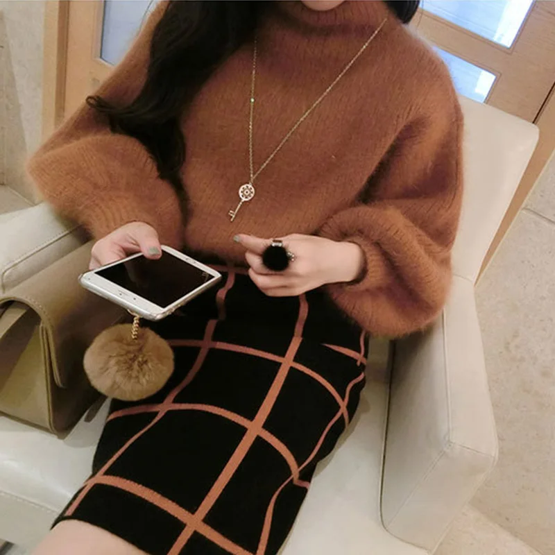 2019 Winter New Fashion Thickened Warm Turtleneck Mohair Female Sweater Lantern Sleeve Casual Solid Color Slim Simple Pullover 2019 Winter New Fashion Thickened Warm Turtleneck Mohair Female Sweater Lantern Sleeve Casual Solid Color Slim Simple Pullover