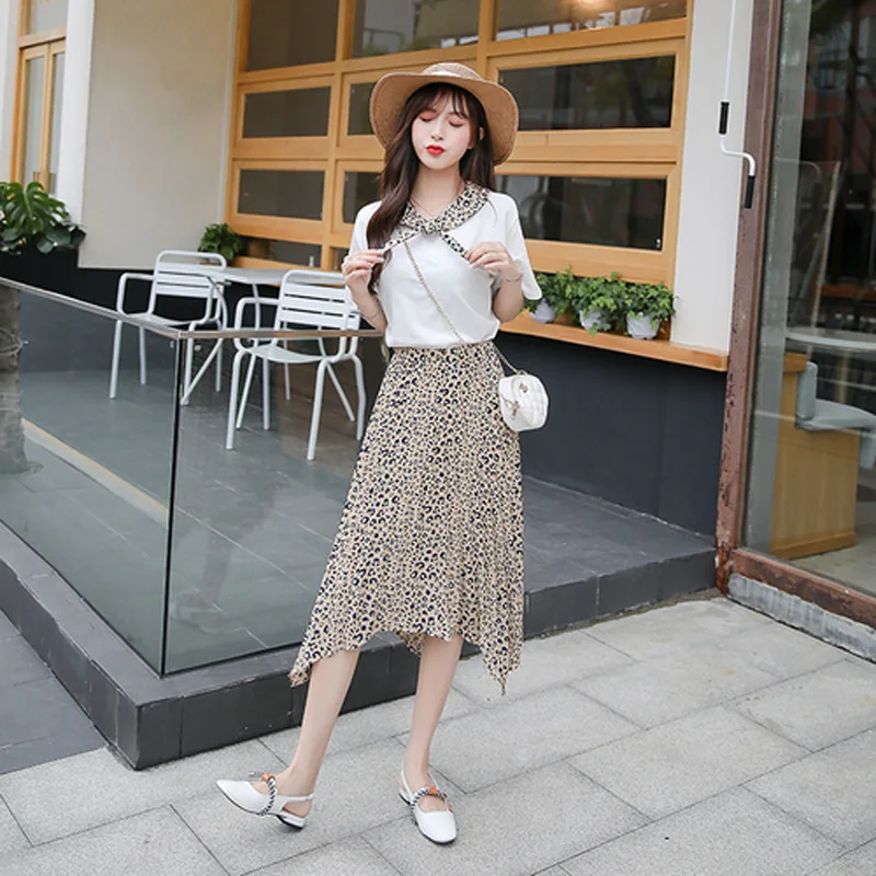 

Ladies New Chiffon Suit Skirt Women Summer Short Sleeve Vintage Skirt Two-piece suit Skirt