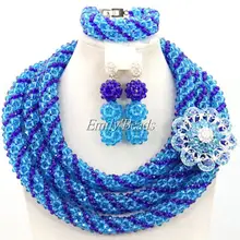 Великолепный Африканский нигерийский Свадебный комплект ювелирных изделий синий индийский партия Люкс Бусины Цепочки и ожерелья комплект ювелирных изделий amj394