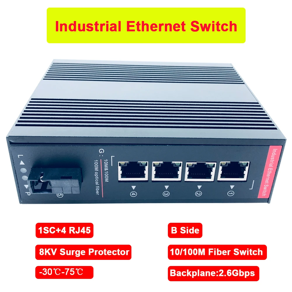 

Industial Ethernet Switch 10/100M Fiber Switch Converter to RJ45 1SC & 4*RJ45 Media Converter to Ethernet Network B Side