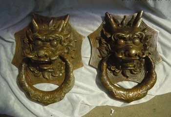 

L 28 cm China Brass carved finely luck dragon knocker pair Sculpture statue
