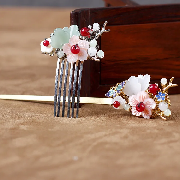 

Hand made shell flower hair accessories hairpin ancient costume Hanfu fringed pink green headdress flower and bone comb