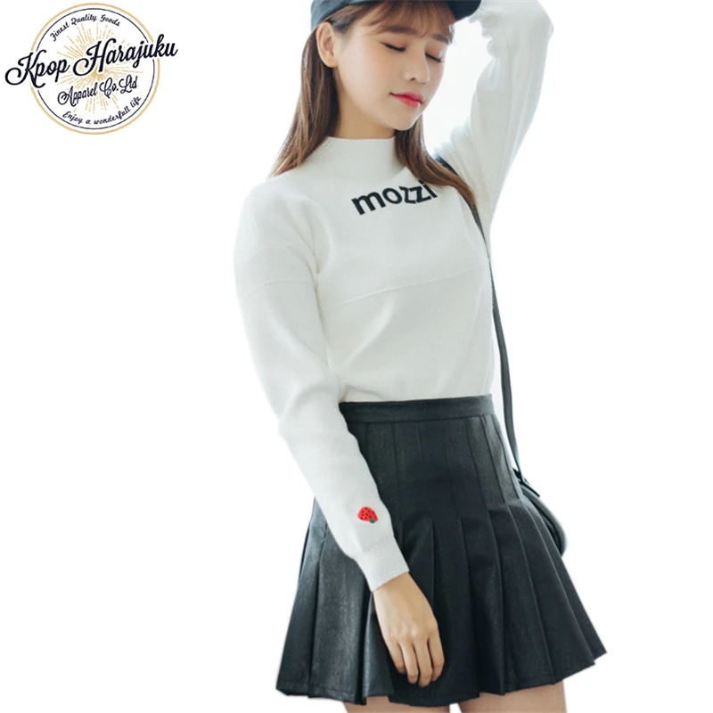 Autumn Winter American School Style Fashion Women Elegant PU Pleated