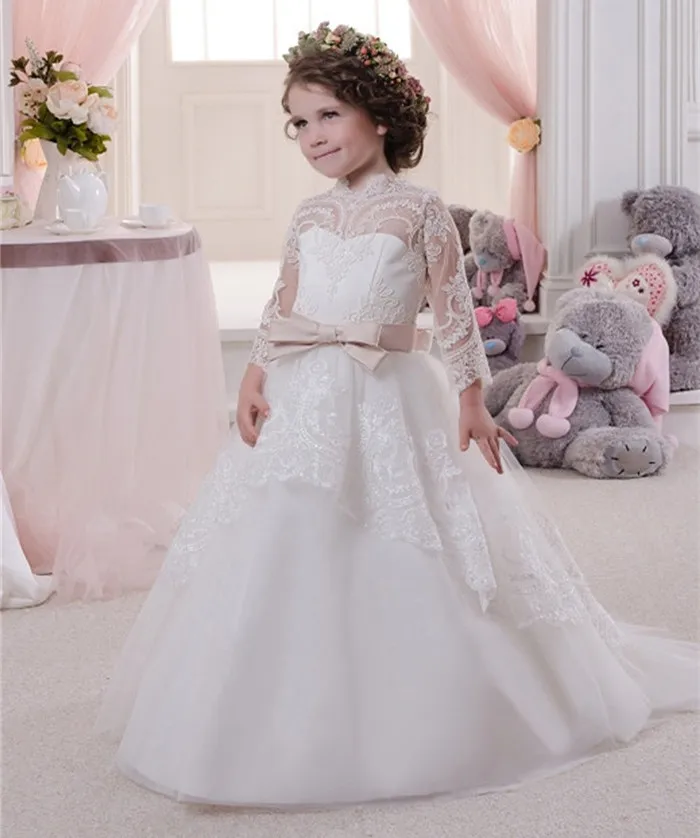 Flower Girl Dresses for Weddings White Ivory Lace Long Sleeves Button A ...