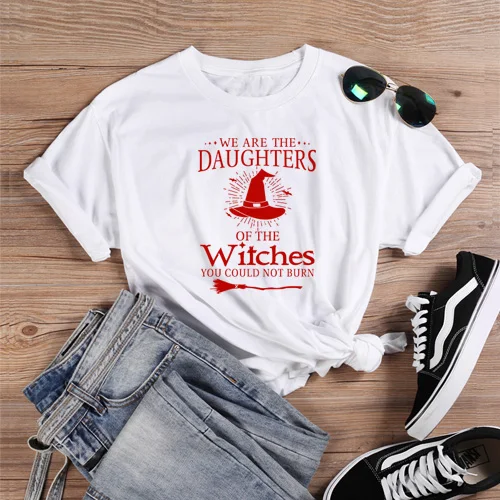 ONSEME/футболка с надписью «We Are The daughers Of The Witches» женские футболки на Хеллоуин базовые хлопковые футболки Harajuku, Графический Топ с изображением ведьмы - Цвет: White-Red