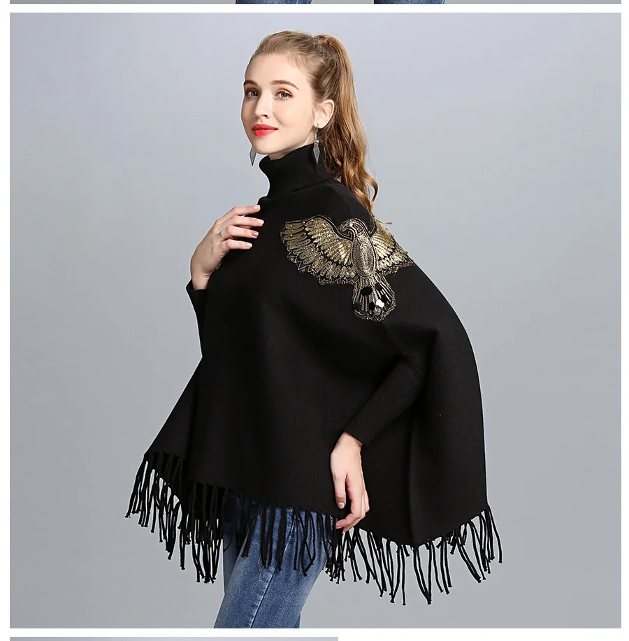 ZDFURS* Autumn Winter Long Knitted Women Eagle Appliqued Sweater Fashion Long Batwing Sleeves High Neck Stole Tassel Poncho