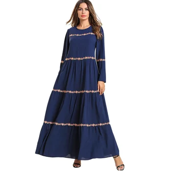 

Muslim Ramadan Long Dress 2019 Navy Blue Round Neck Ethnic Embroidery Ruffles Draped Swing Kaftan Robe Long Sleeve Maxi Dresses