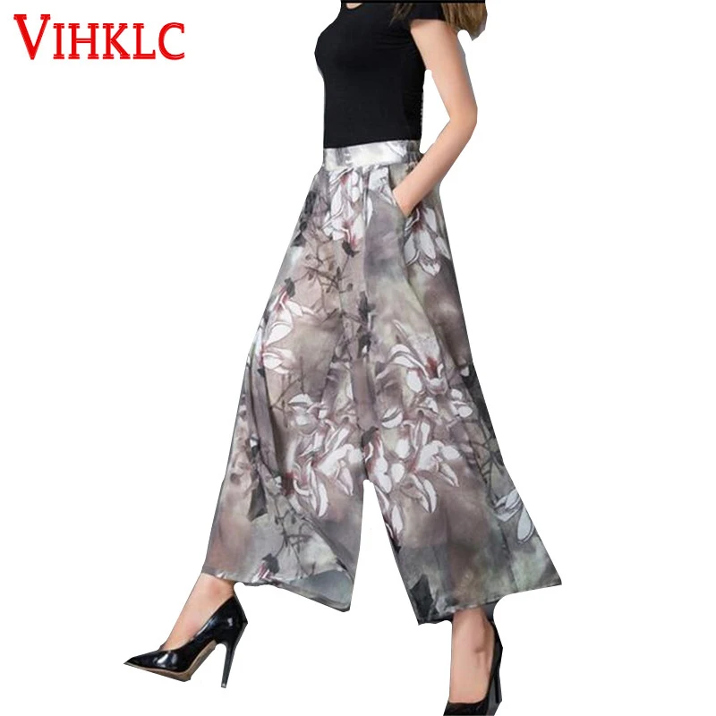 

New Summer 2017 Women Printing Wide-legged Pants Skirt Loose Leisure Big yards Nine Points Chiffon Wide-legged Pants Panty A674