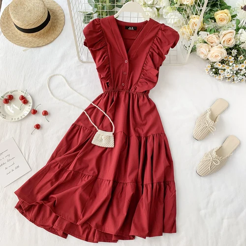 Новое модное женское французское платье с высокой талией и v-образным вырезом, гофрированное платье без рукавов, популярное летнее платье - Цвет: Красный