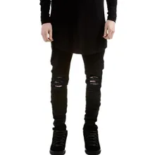 Hi-Street Destroyed Jeans Trousers Fashion Streetwear Ripped Denim Joggers Slim Fit Distressed Strentch Jeans Pants Black White
